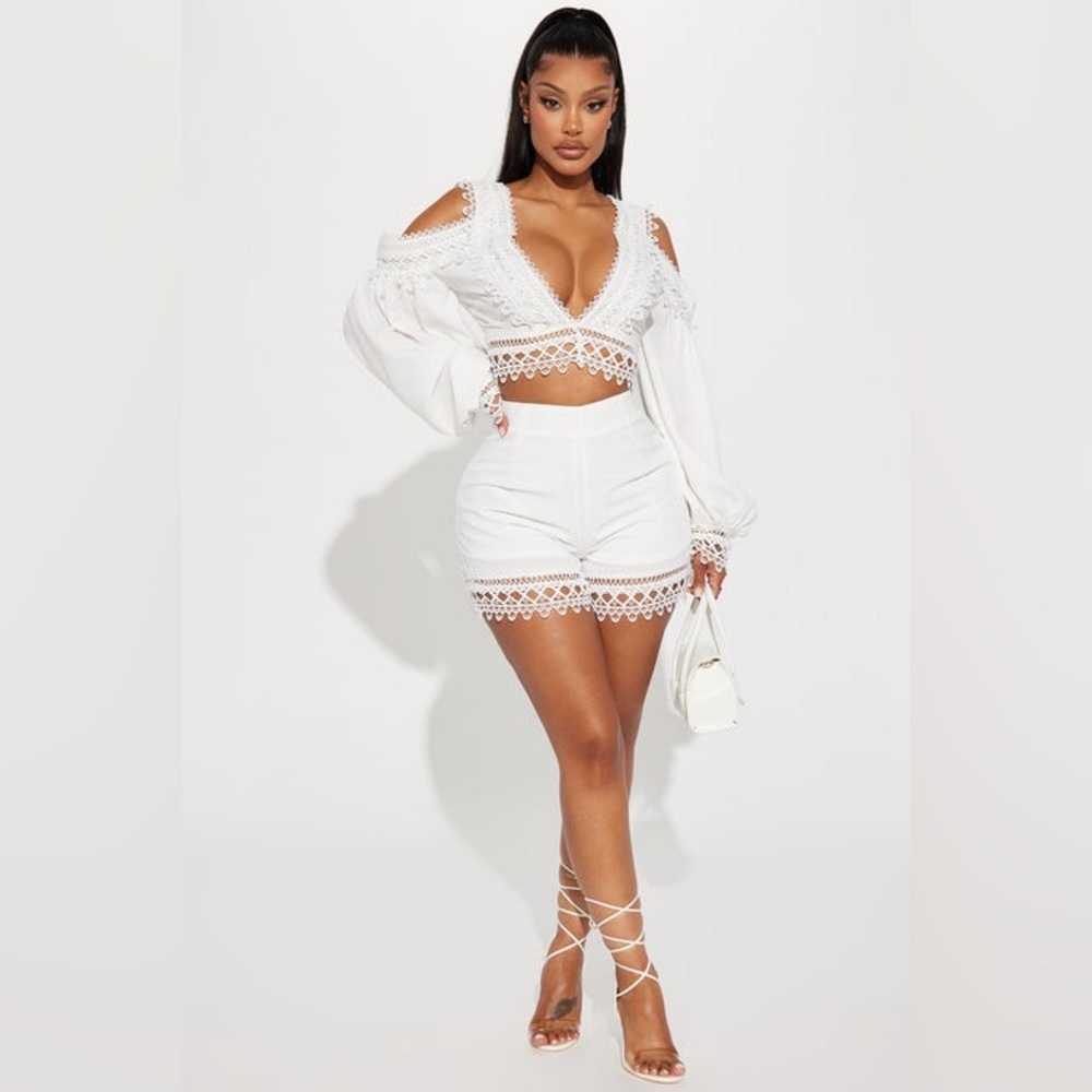 Fashion Nova White High Waist Lace Trim Short Set